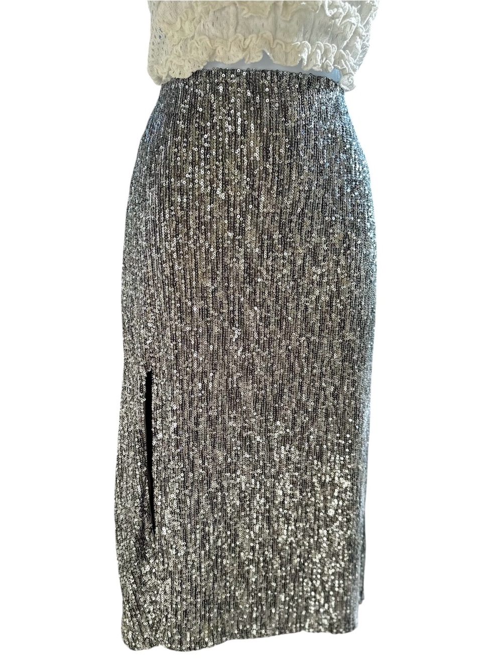 Dress Forum Silver Sequin Midi Skirt with Side Slit